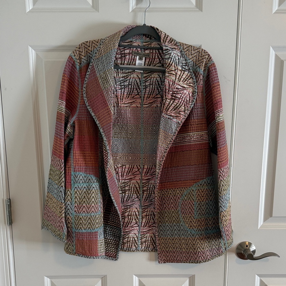 NWT Sharon Young Reversible Open Front Pockets Patterned Jacket Size XL